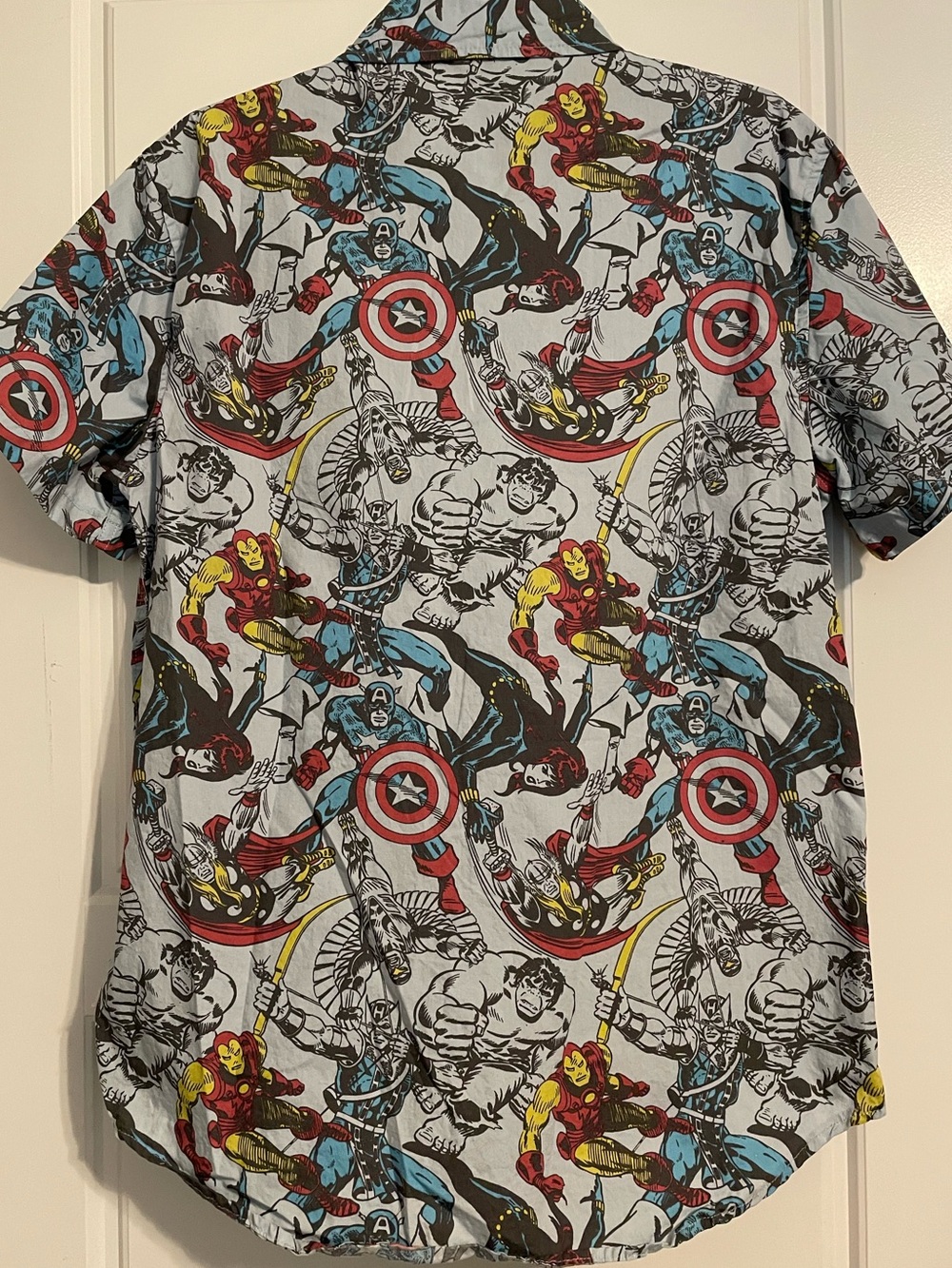 Marvel Light Blue Short-Sleeve Button-Down Shirt with Superhero Comic Print - Picture 2 of 9